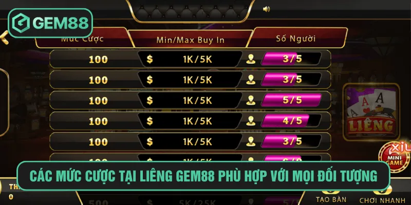 Cách Chơi Liêng Gem88 Bài Đỉnh Cao Với Sảnh Hiện Đại Các mức cược tại liêng gem88 phù hợp với mọi đối tượng